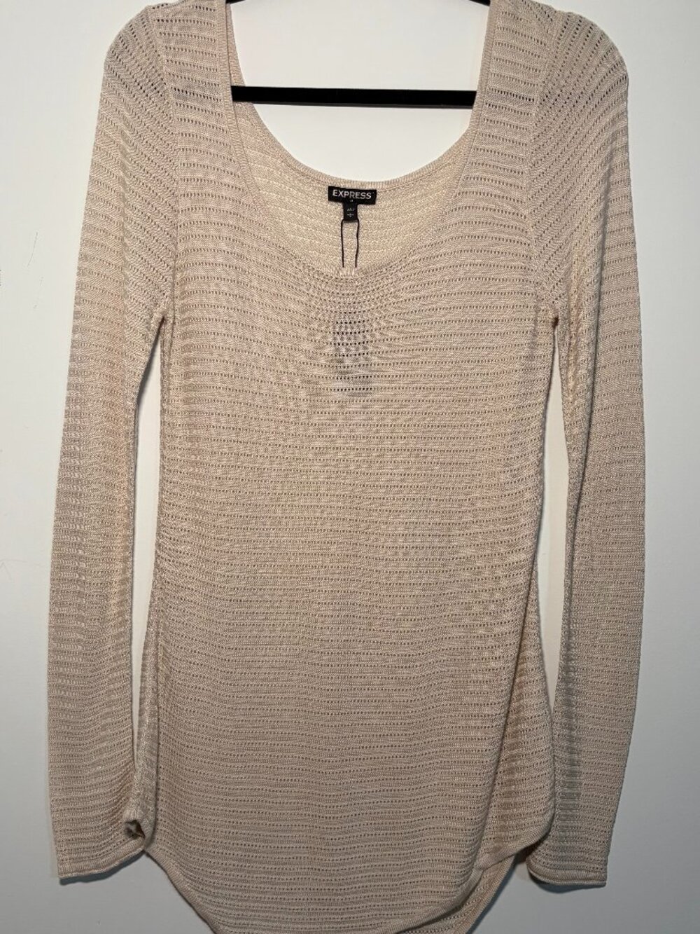 NWT Express Beige Knit Sweater Top Long Sleeve Scoop Neck Lightweight Open Knit